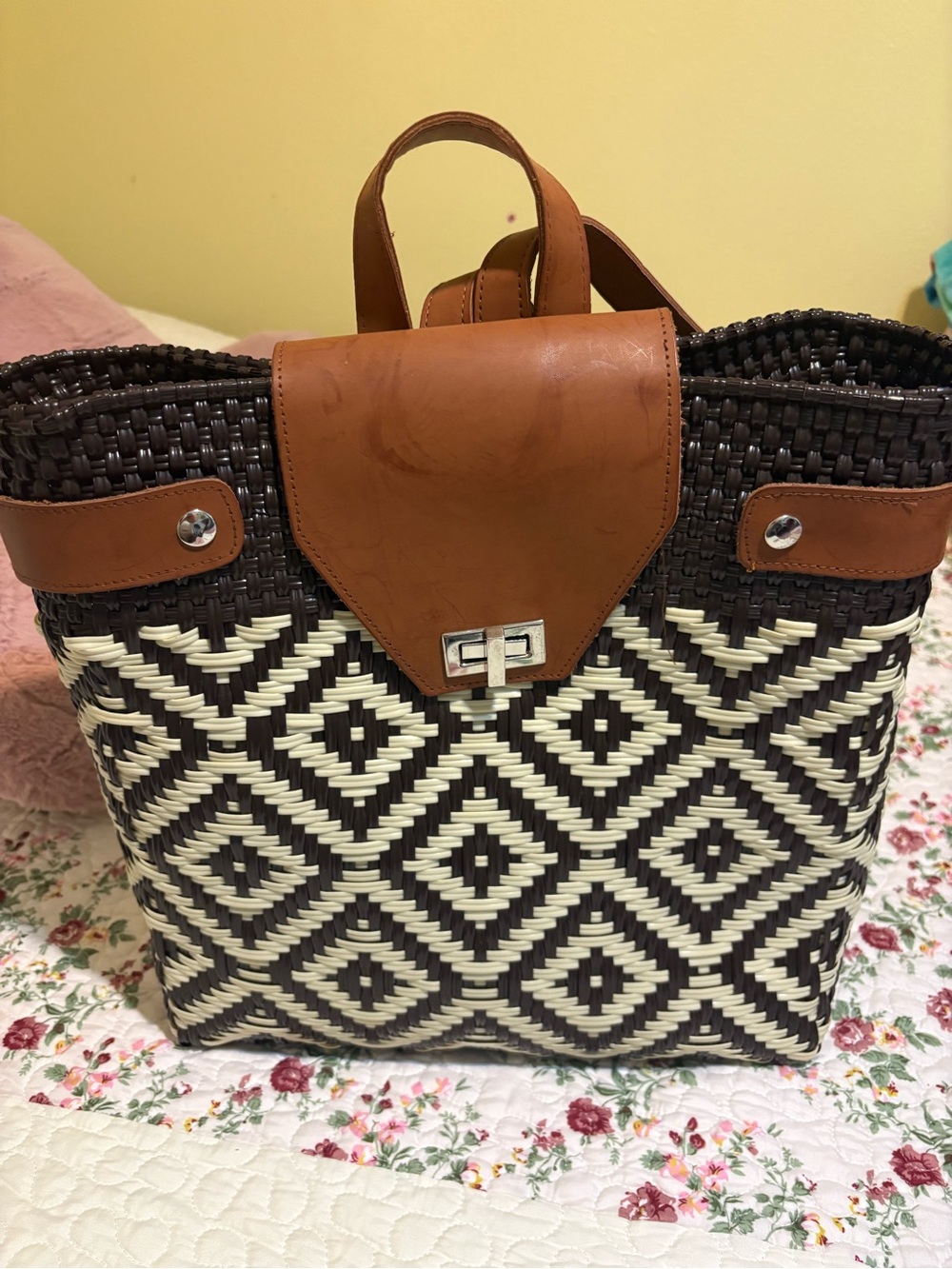 Woven Geometric Tote Bag with Brown Leather Trim